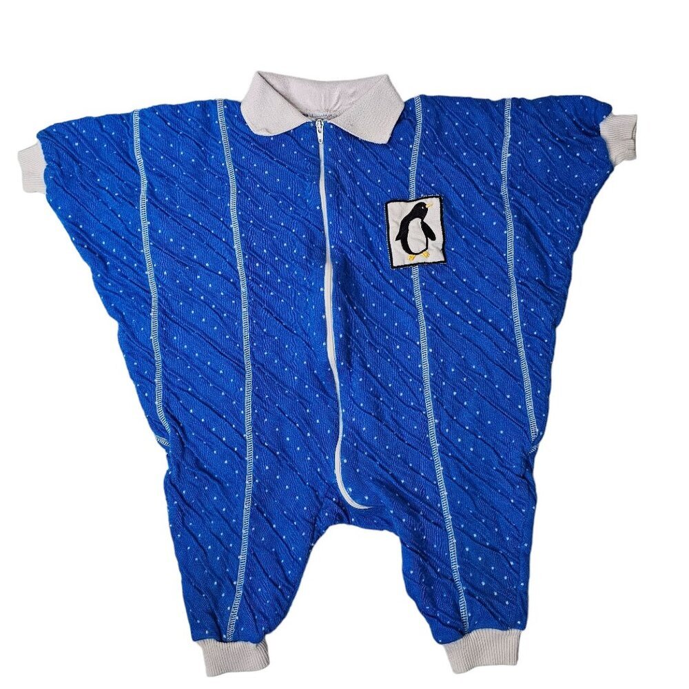 ❤Vintage Kiddo Size 12 Month Blue Polka Dot Penguin One Piece Zip Up Pajama Suit
